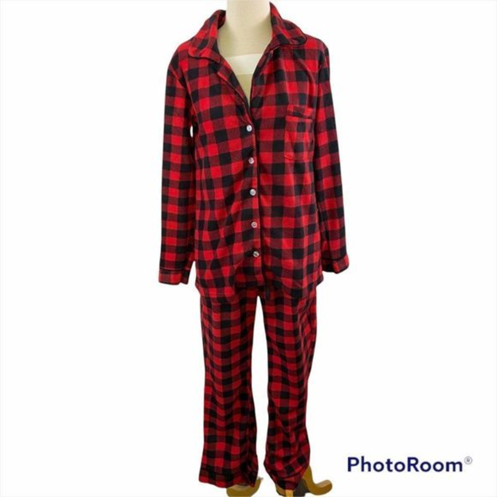 NWT BOTTOMS OUT GAL Red Black Plaid Fleece Pajama‎ Set (L)